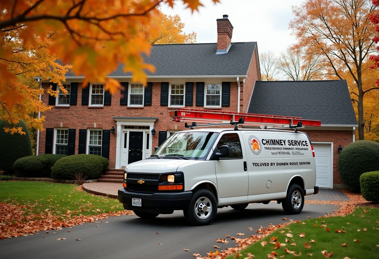 Chimney service van in a colonial home driveway — Kent